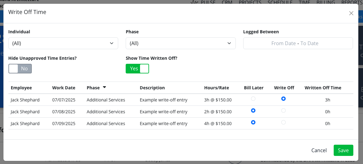 How do I write off time in Factor?
